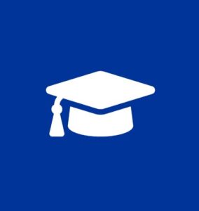 A white hat and tassel on top of a blue background.